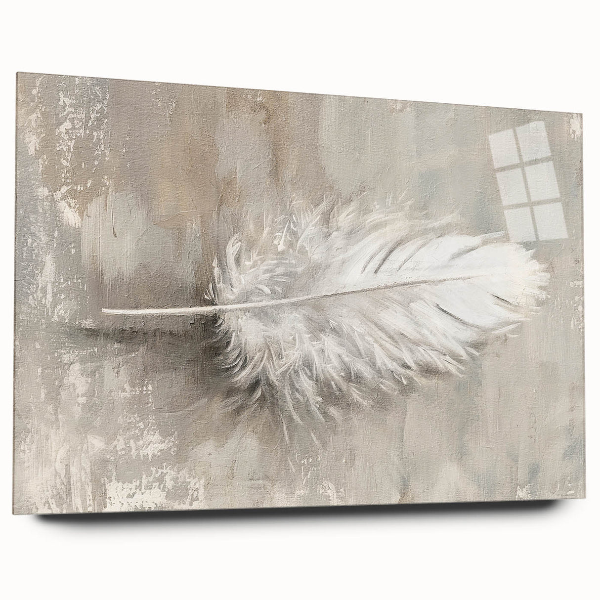 Abstract minimalist wall art displayed at an angle, featuring soft pastel colors and geometric shapes, designed for modern decor. The piece is presented in a sleek acrylic glass frame, enhancing its contemporary aesthetic.