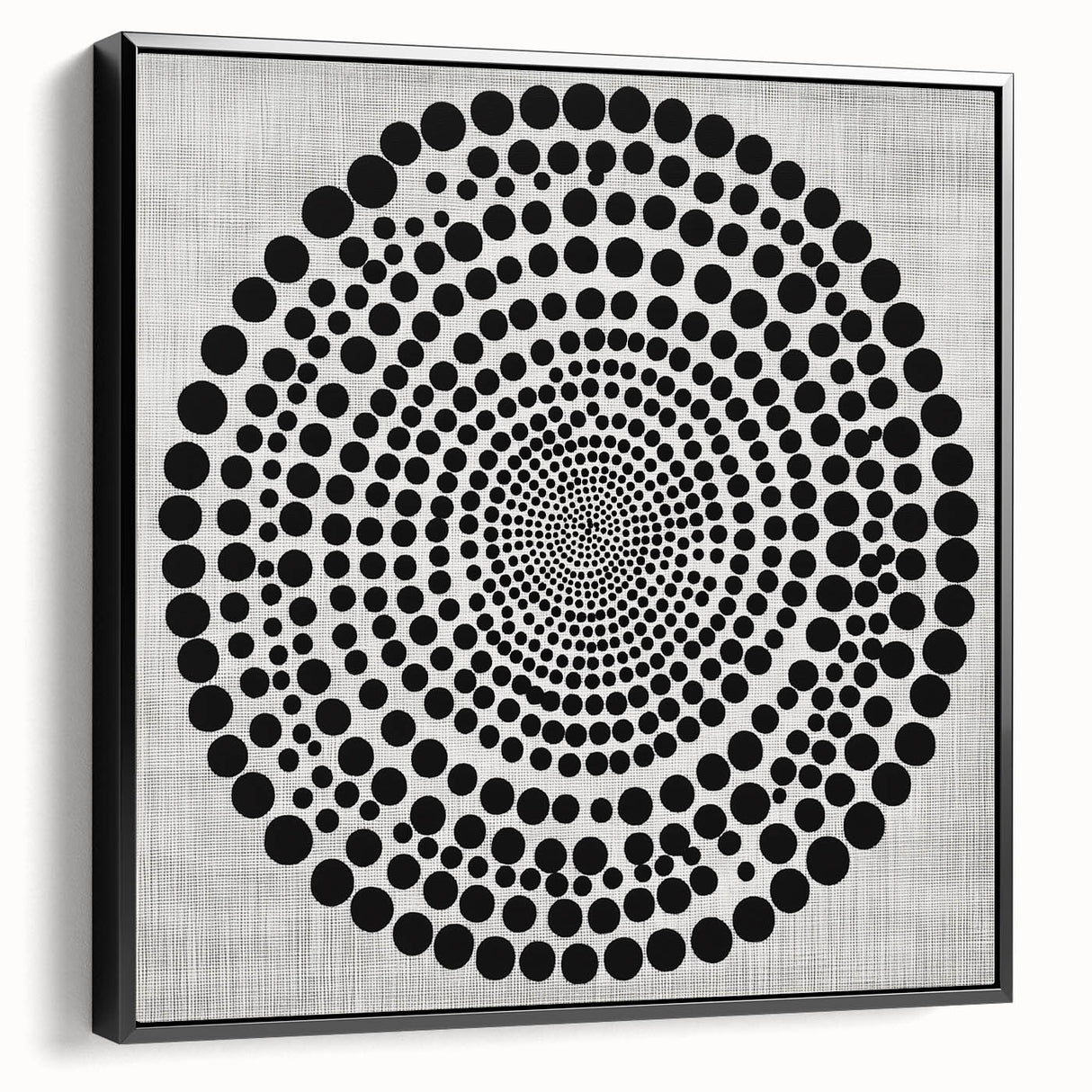 Abstract Art Prints – Hypnotic Black Dot Spiral on Textured Gray