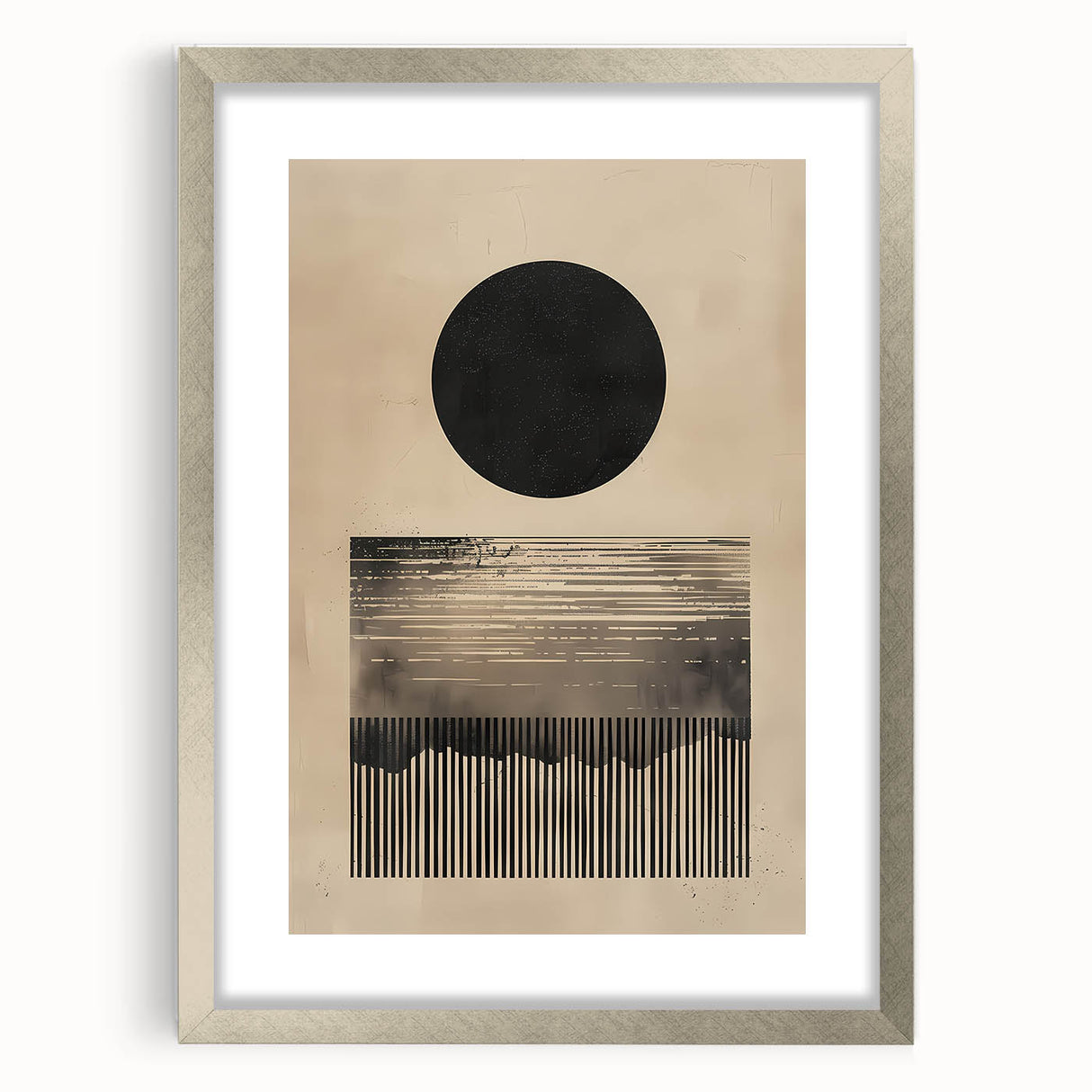 Abstract minimalist wall art framed in silver, featuring a sleek design with a white mat, ideal for modern home decor. Perfect for enhancing contemporary interiors.