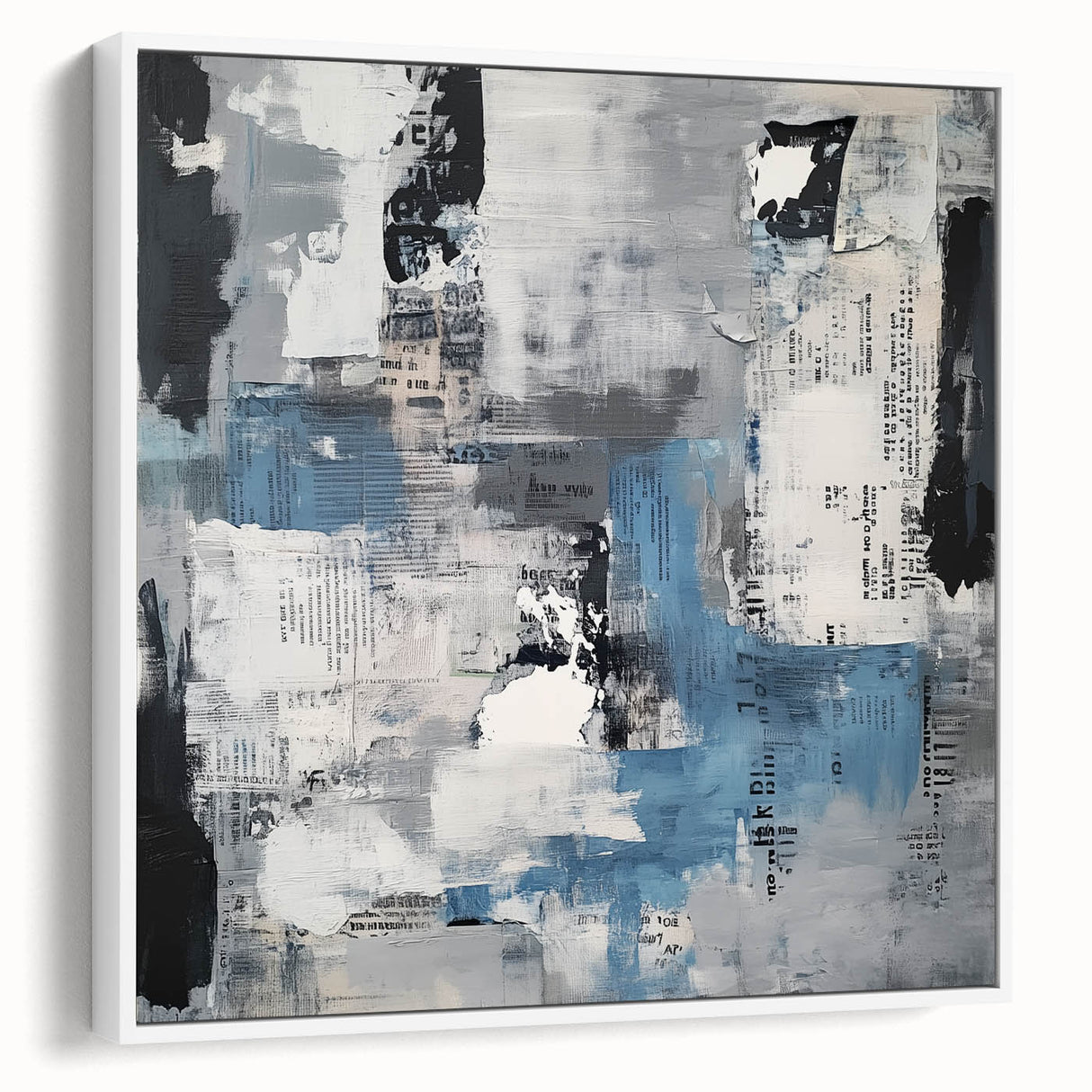 Contemporary Abstract Canvas – Blue, Gray & Textured Collage Art