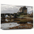 Acrylic glass display showcasing a stunning landscape with a majestic castle, featuring vibrant colors and intricate details, supported by stylish pins for mounting.
