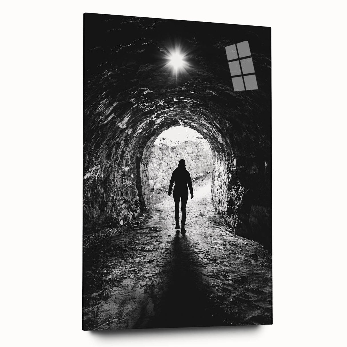 Acrylic glass artwork depicting a stunning landscape of caves, showcasing intricate details and vibrant colors, designed for side-view display without pins.