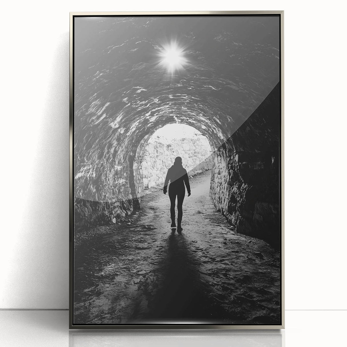 Framed acrylic artwork showcasing a stunning landscape of caves, featuring intricate details in silver tones, ideal for modern home decor and art enthusiasts.