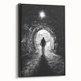 Framed canvas artwork showcasing a dramatic cave landscape in earthy tones, viewed from the side against a black background, perfect for modern home decor.