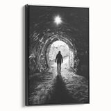 Framed canvas artwork showcasing a dramatic cave landscape in earthy tones, viewed from the side against a black background, perfect for modern home decor.