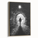 Framed canvas artwork depicting a serene landscape with caves, featuring a gold frame that enhances the visual appeal, perfect for modern home decor.