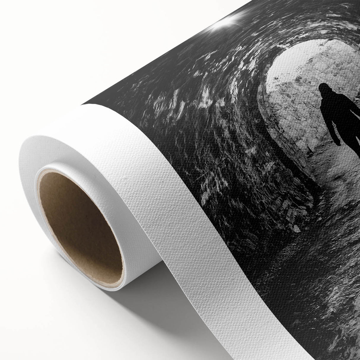 Rolled canvas print depicting a vibrant landscape with intricate cave formations, showcasing earthy tones and artistic details, packaged securely in a protective tube.