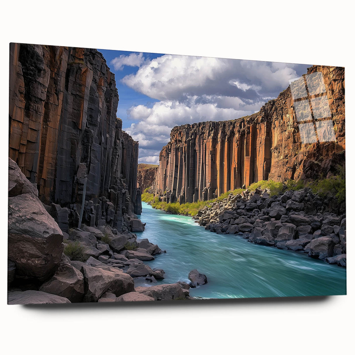 Acrylic glass artwork depicting a stunning side view of colorful cliffs in a serene landscape, perfect for modern home decor and art enthusiasts.