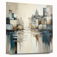 Abstract architectural wall art displayed in a modern setting, featuring vibrant colors and intricate geometric patterns, mounted on acrylic glass with stylish pins.