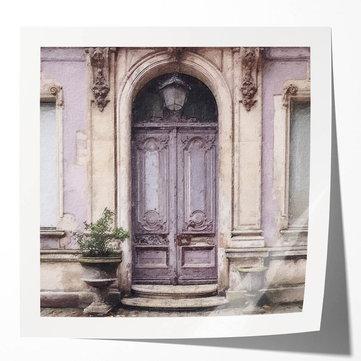 Extra large floral art on glossy canvas featuring an intricate French door design in muted earth tones.