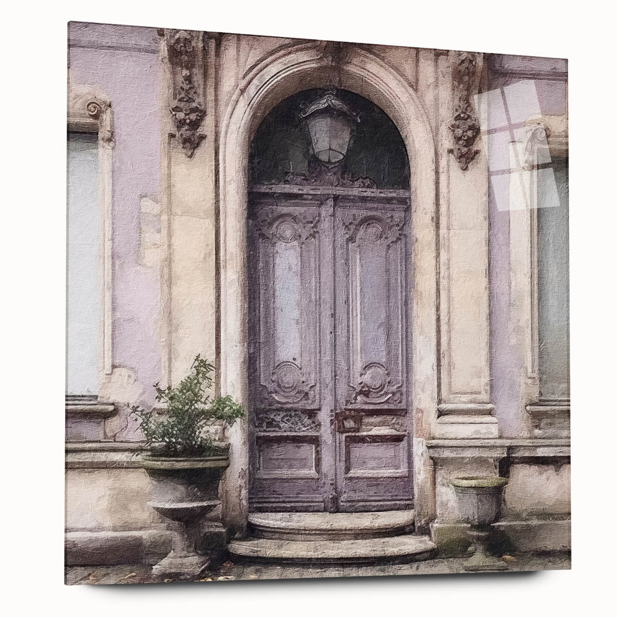 Large abstract wall art featuring a monochrome French door design on acrylic glass.