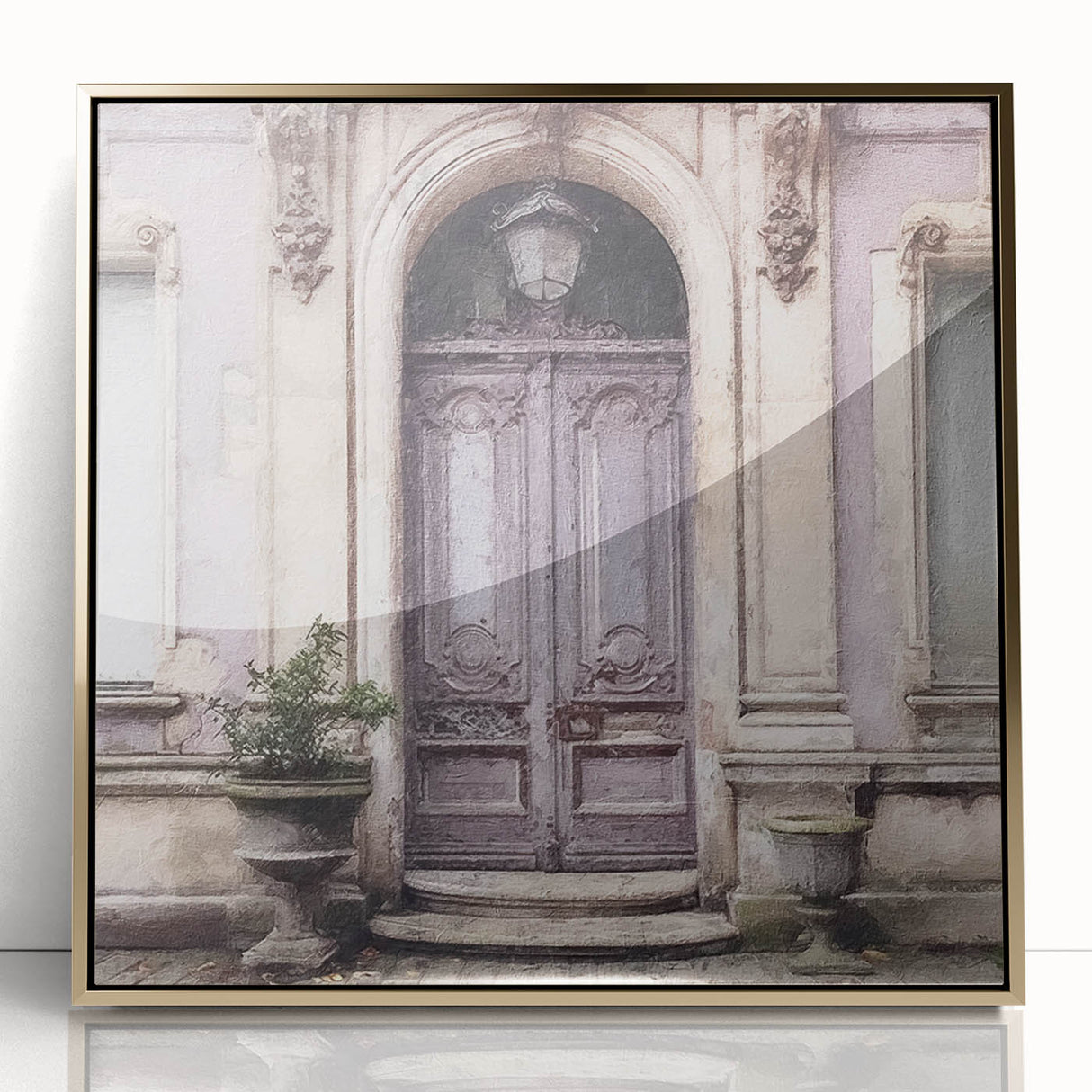 Mid-century modernist acrylic print of a French door design in gold tones, ideal for modern art wall decor.