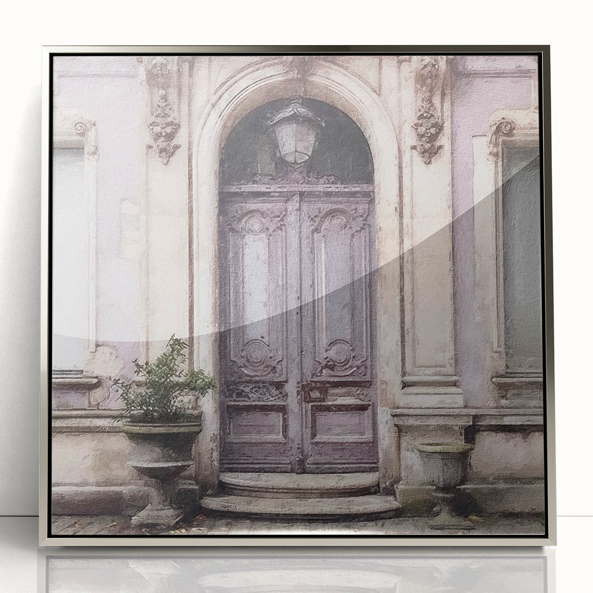 Mid-century modernist art featuring a French door design in silver tones on framed acrylic, ideal for nursery wall decor.