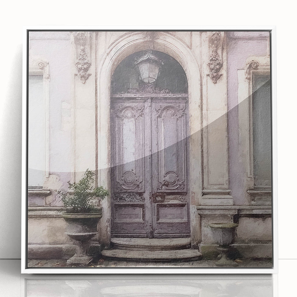 Art Deco style door depicted in a framed acrylic print with pastel shades, ideal for modern art wall decor in a nursery.