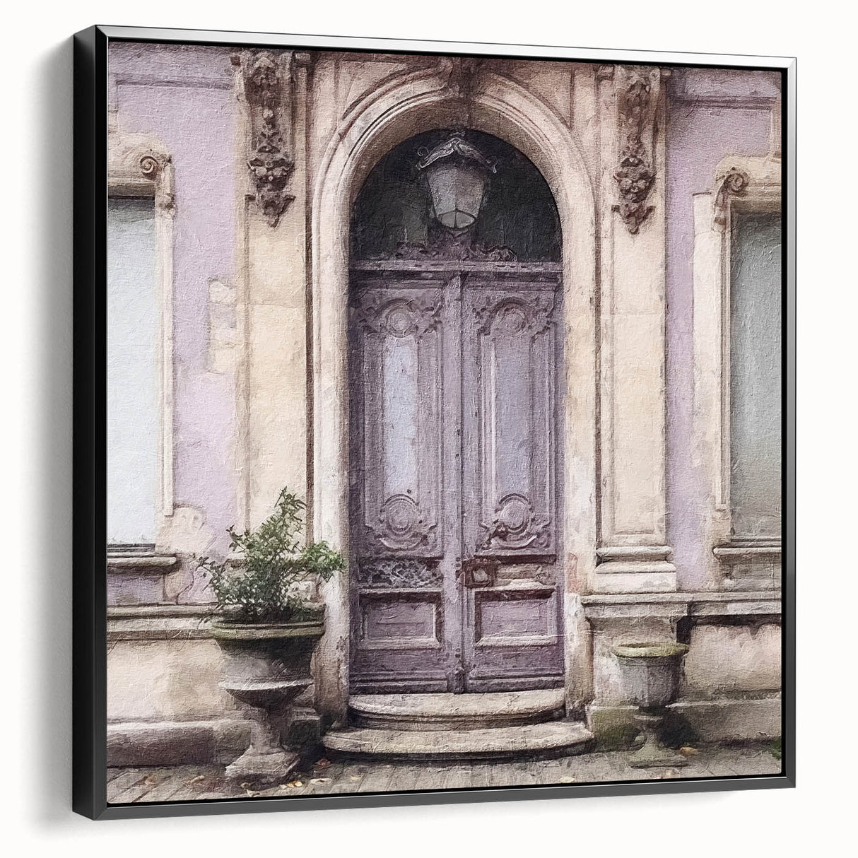Black and white vintage poster art of a French door architecture on framed canvas, suitable for bedroom wall decor.