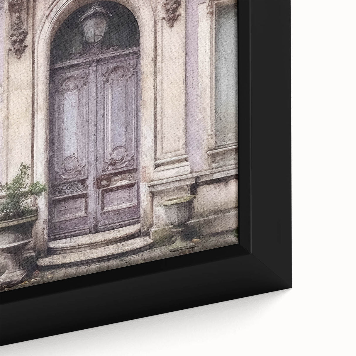 Close-up of a black framed canvas depicting a textured, colorful French door design.
