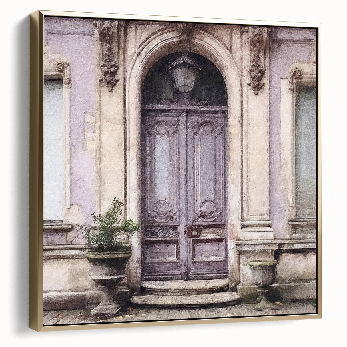 Framed canvas depicting a vintage French door design in black and gold tones, ideal for bedroom wall art.