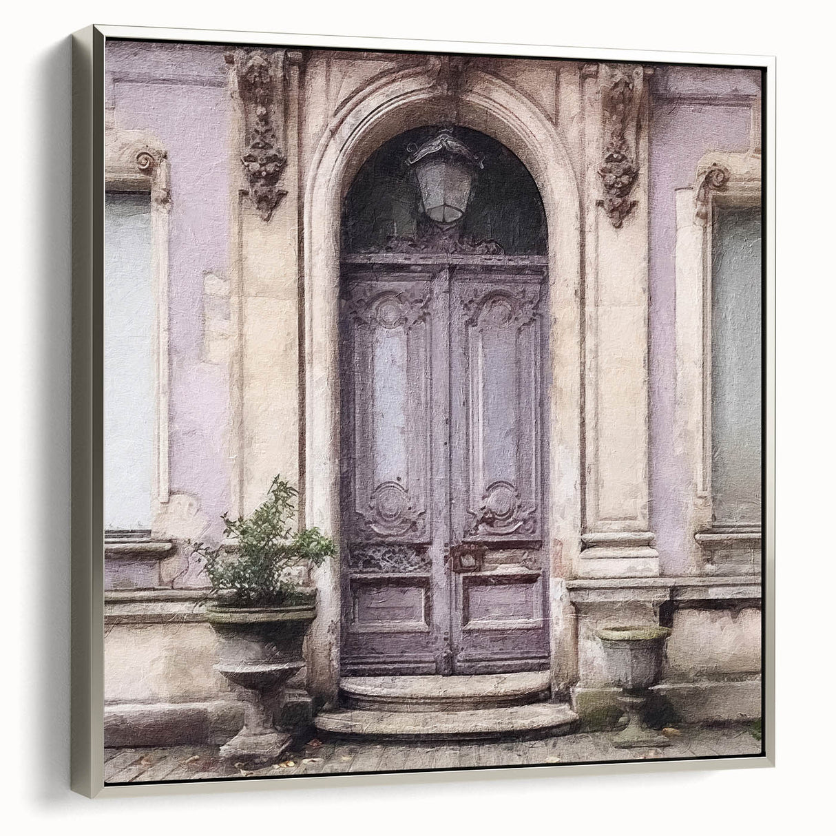 Landscape art painting of a French door in black and colorful tones on framed canvas, ideal for living room decor.