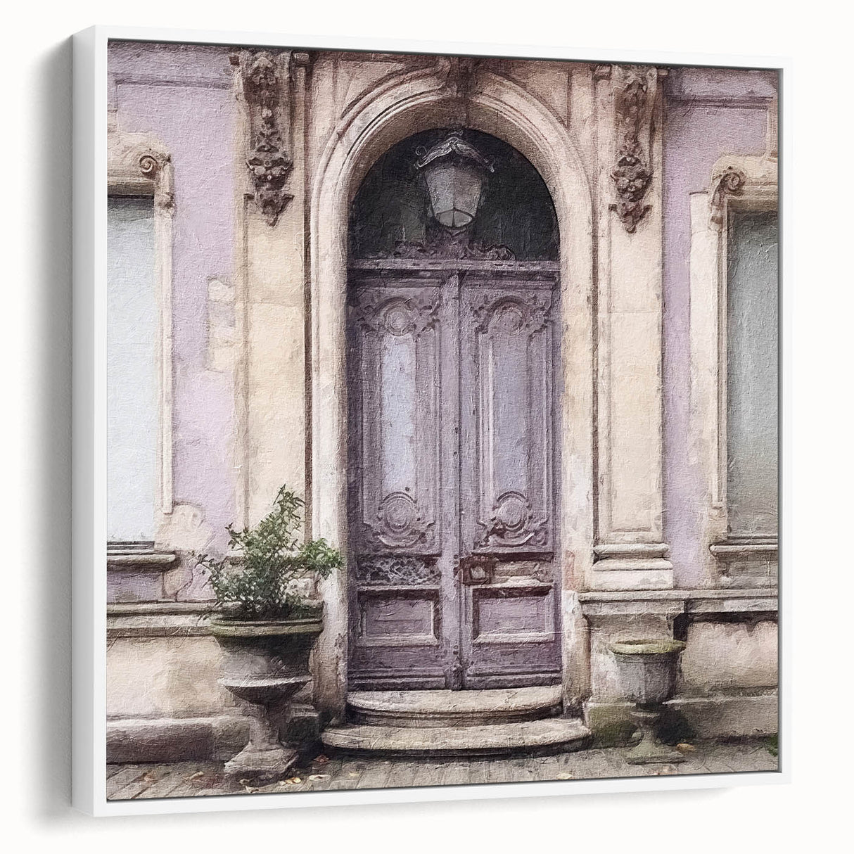 Vintage poster art of a French door, framed canvas in white, ideal for living room decor.