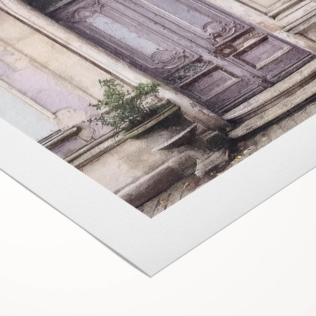 Art deco poster featuring a detailed illustration of a French door, in muted beige and white tones on rolled canvas.