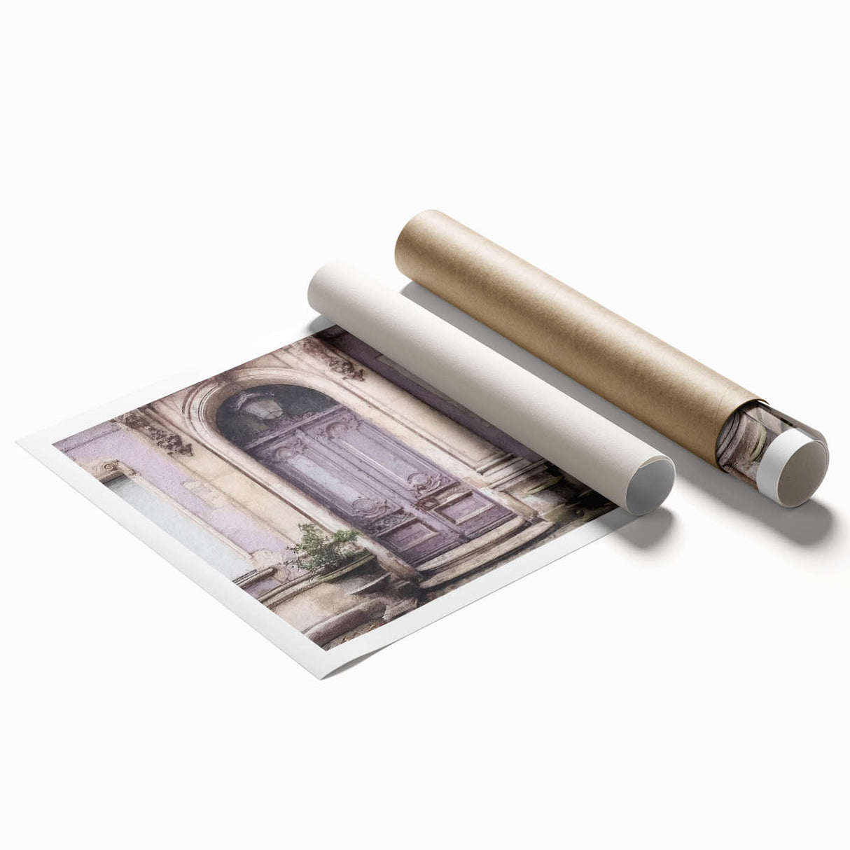Extra large rolled print featuring a detailed French door design with floral accents in muted colors.