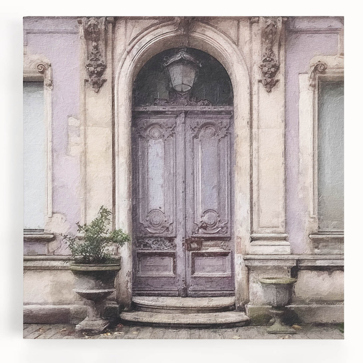 Large black and white photo of a French door design on stretched canvas, ideal for kitchen wall art.