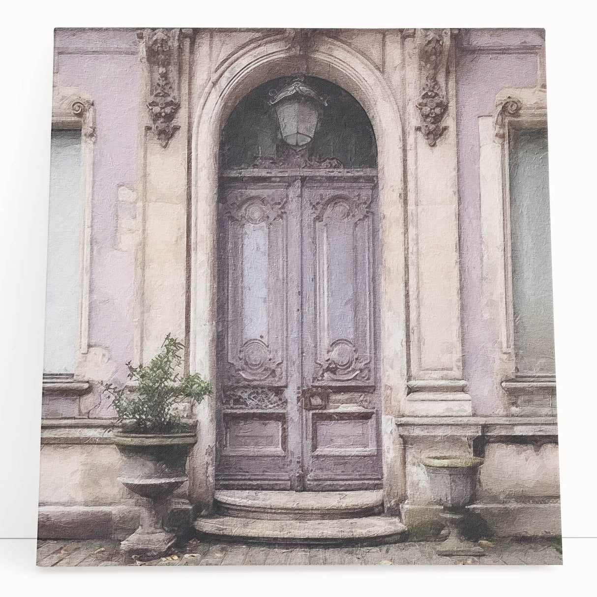 Black and white photo of an ornate French door on stretched canvas, suitable as large kitchen wall art.