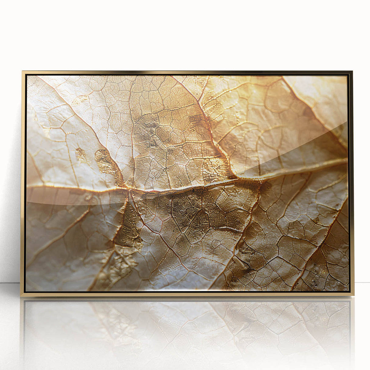Framed wall art showcasing a vibrant design of flowers and botanical leaves, set in a sleek acrylic frame with gold accents, perfect for modern decor.