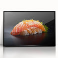Large abstract wall art featuring assorted food dishes in mid-century modernist style, framed in black acrylic.