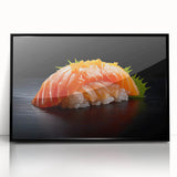 Large abstract wall art featuring assorted food dishes in mid-century modernist style, framed in black acrylic.