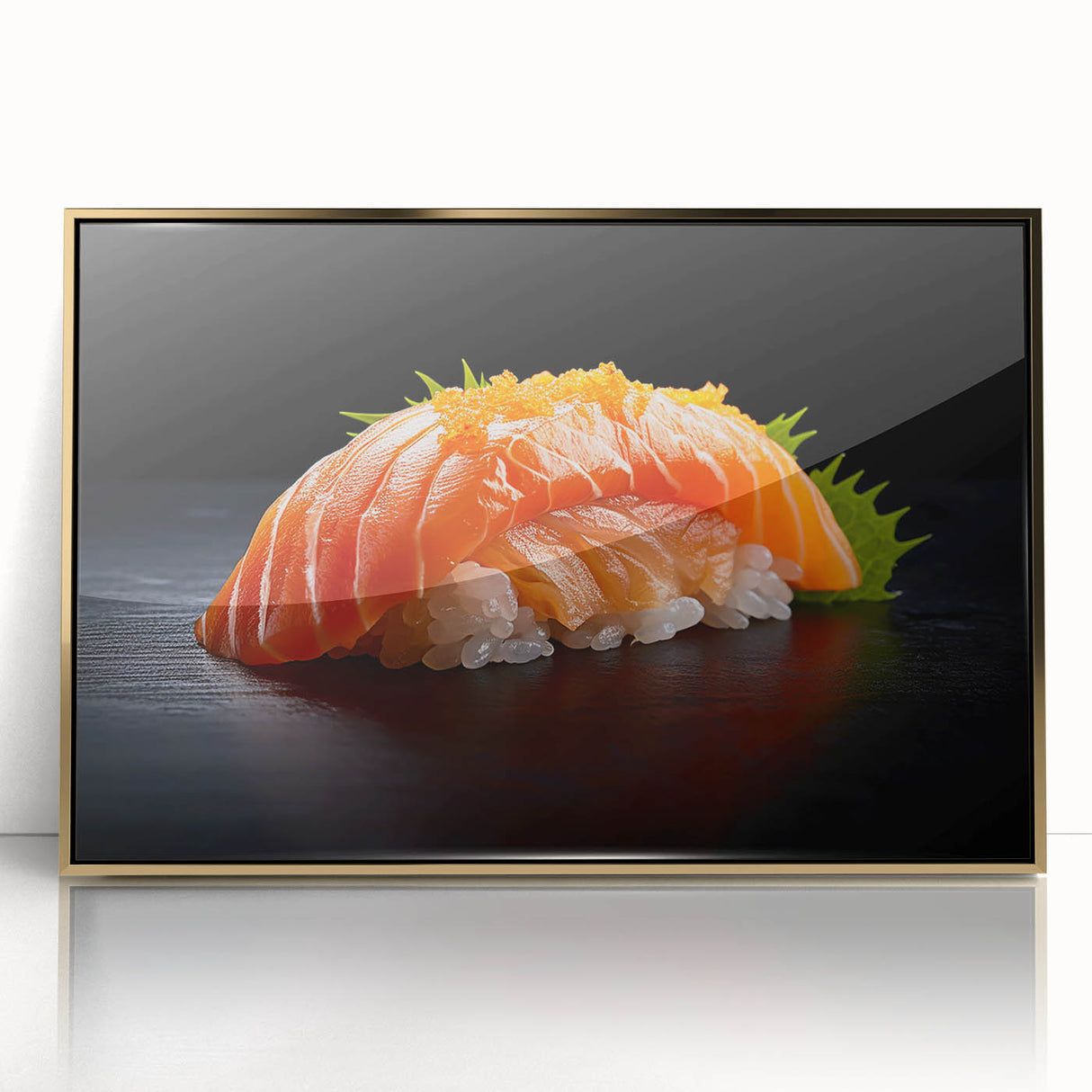 Large art print of various food dishes in a mid-century modernist style, framed in acrylic with gold tones.