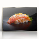 Mid-century modernist art featuring an array of colorful food dishes on a silver framed acrylic.