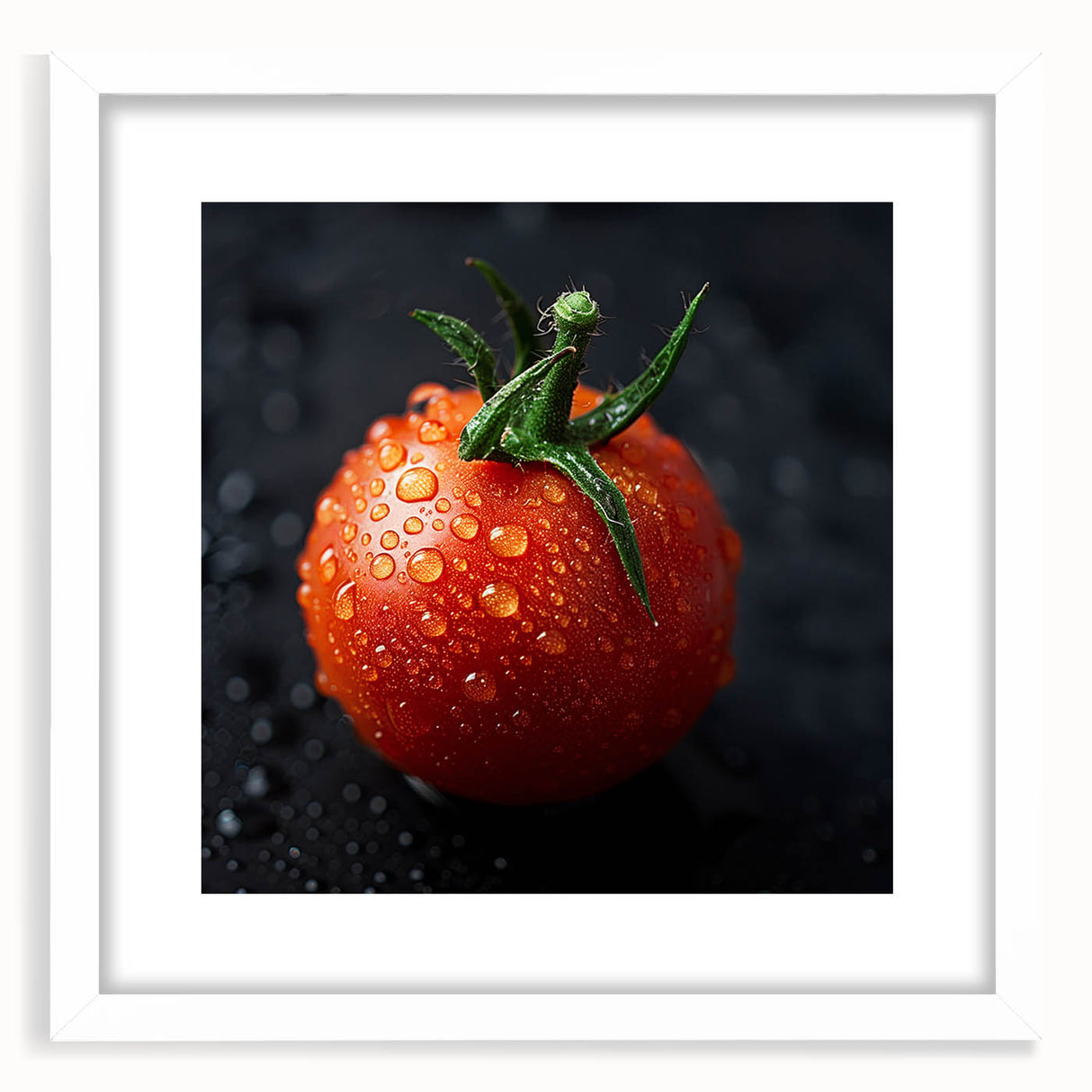 Abstract art print of assorted fruits in vibrant colors, framed with a white mat, ideal for dining room decor.
