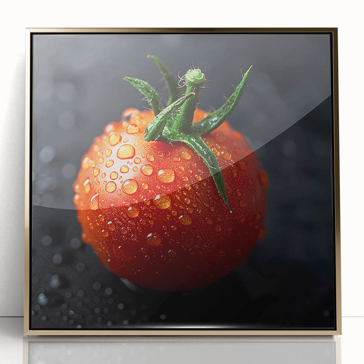 Large art print of assorted fruits in vibrant colors on a gold-framed acrylic, suitable for modern kitchen decor.
