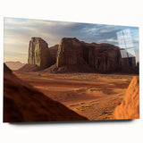 Acrylic glass artwork depicting a serene desert landscape in warm hues, showcasing rolling dunes and a clear blue sky, ideal for modern home decor.