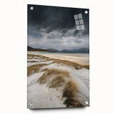 Acrylic landscape artwork showcasing serene sand dunes in warm earth tones, elegantly displayed from a side view with mounting pins. Perfect for modern home decor.