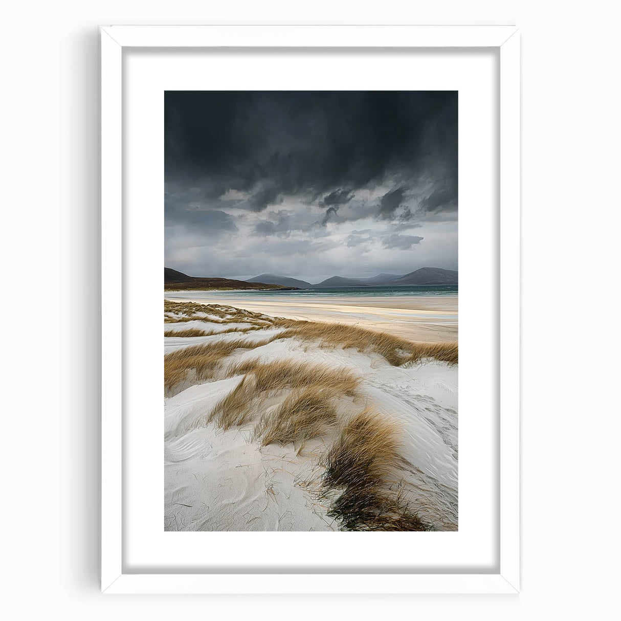 White-framed landscape artwork showcasing serene sand dunes at sunset, with a matting detail enhancing its elegance, ideal for modern home decor.