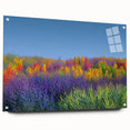 Acrylic landscape artwork depicting serene fields in vibrant colors, framed with glass, showcasing a side view with decorative pins, ideal for modern decor.