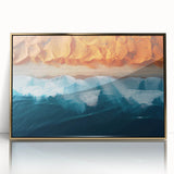 Mid-century modernist art depicting a serene Namibian landscape, in gold and earth tones, framed acrylic.