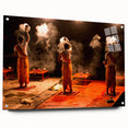 Large abstract wall art depicting an Asian scenery on acrylic glass, with vibrant earth tones.