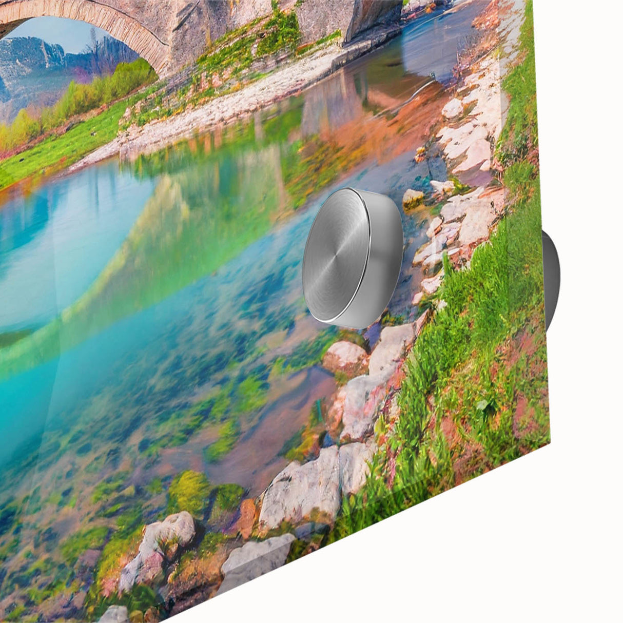 Large abstract wall art depicting a European Albanian scenery in muted earth tones on acrylic glass.