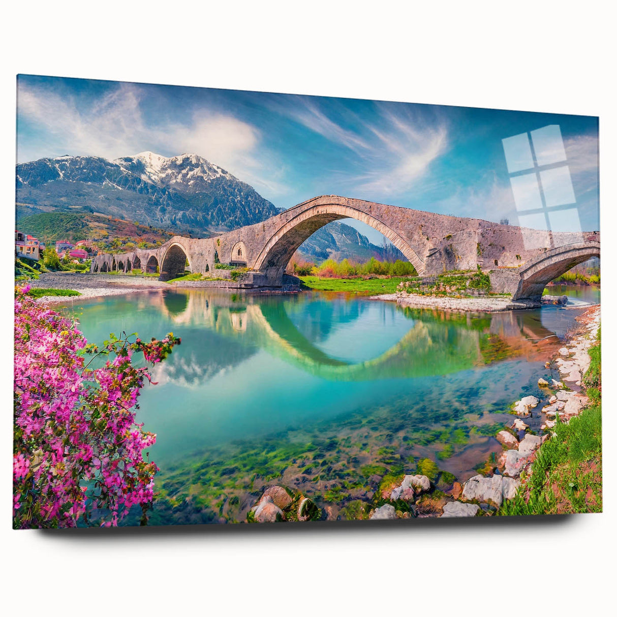 Large abstract wall art of European scenery in muted earth tones on acrylic glass, suitable for bedroom or dining room decor.