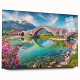 Large abstract wall art of European scenery in muted earth tones on acrylic glass, suitable for bedroom or dining room decor.