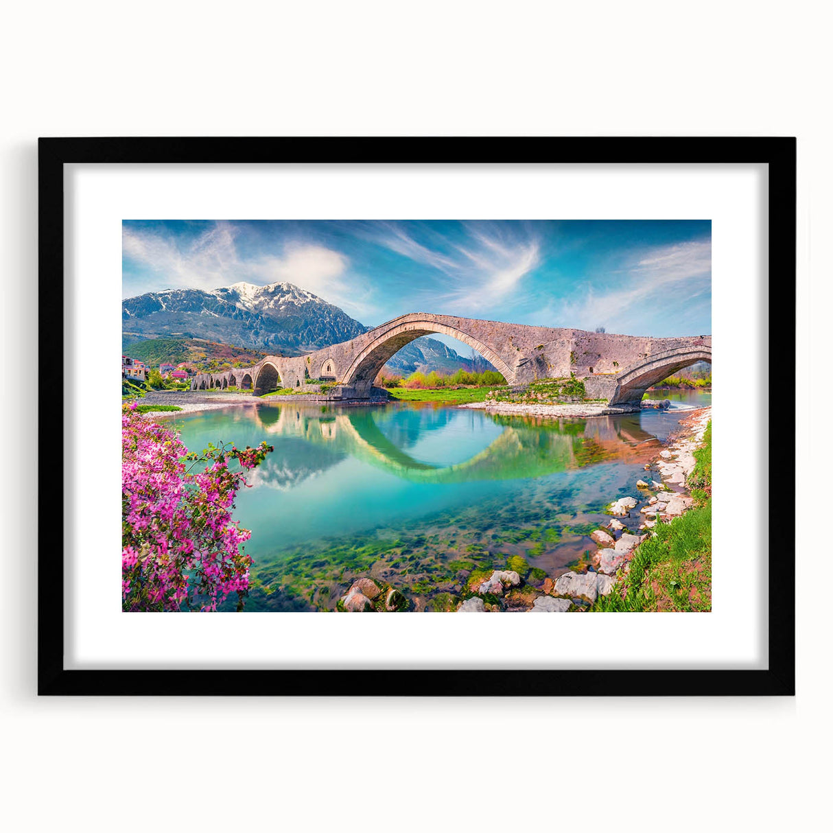 Extra large abstract art print featuring vibrant, colorful textures, ideal for living room decor, framed with black mat.