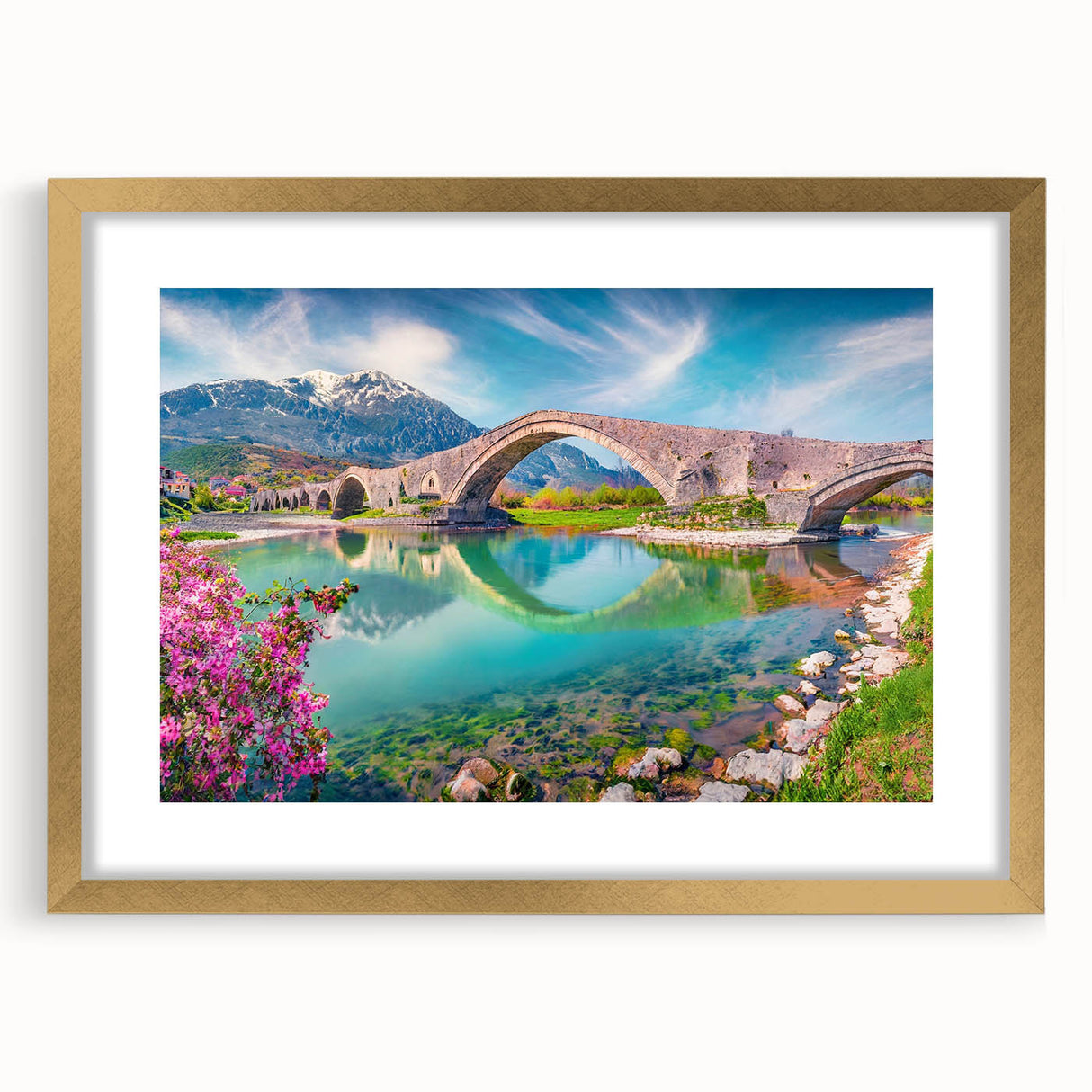 Abstract art print of a European scenery in muted earth tones on a framed canvas, ideal for dining room decor.