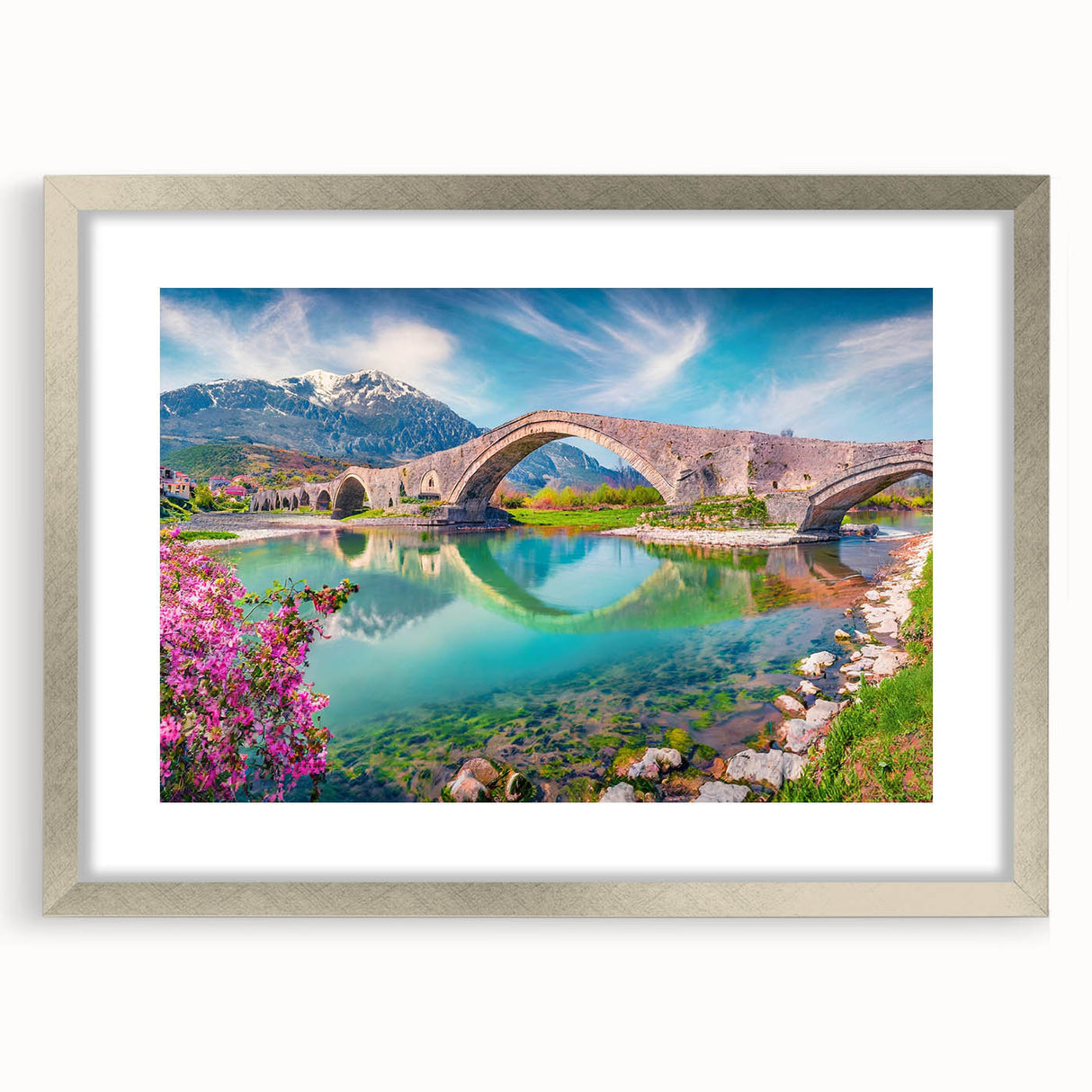 Extra large abstract art print of a textured European scenery in muted earth tones, framed in silver.