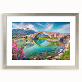 Extra large abstract art print of a textured European scenery in muted earth tones, framed in silver.