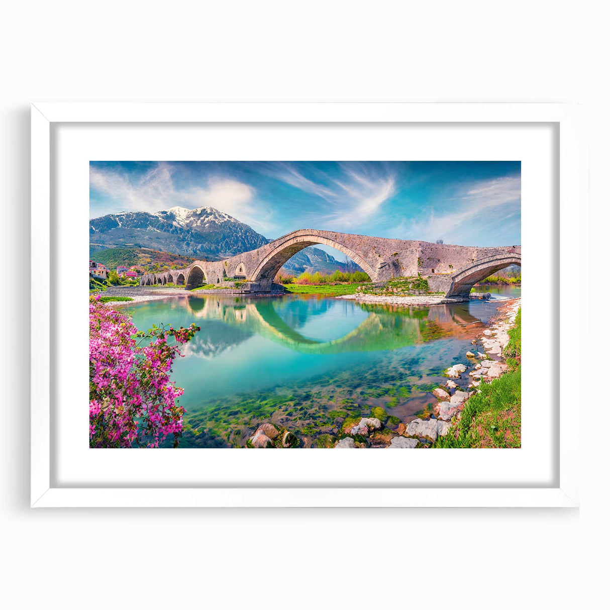 Textured art depicting an abstract European scenery in muted earth tones on a framed white mat, ideal for bedroom art.