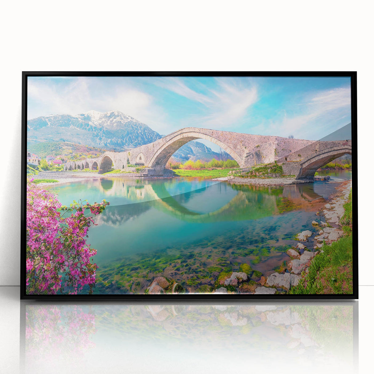 Large abstract wall art depicting a European Albanian scenery in vibrant earth tones on a black framed acrylic.