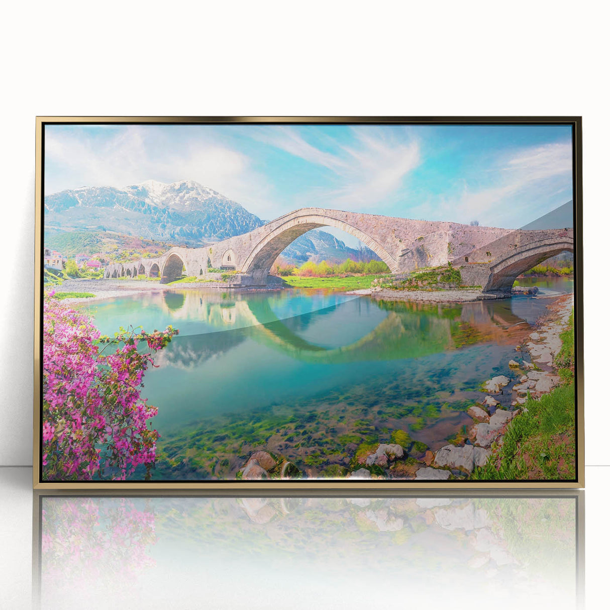 Art deco poster of an Albanian landscape in gold frame on acrylic, featuring soft pastel hues.